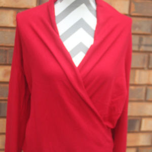 RED FAUX WRAP SWEATER